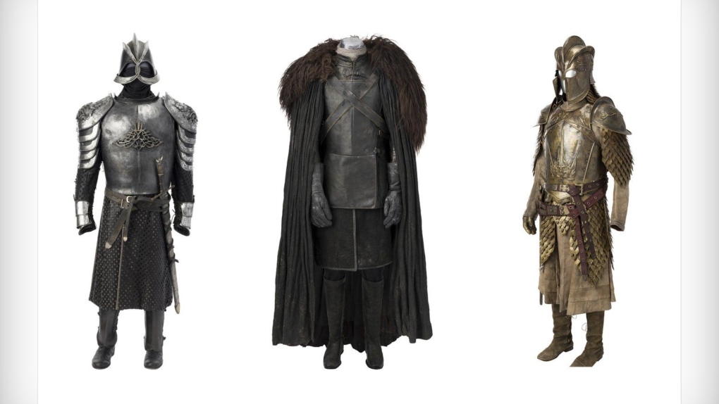 This combination of images released by Heritage Auctions shows costumes worn by characters from 'Game of Thrones,' from left, armour worn by Gregor 'The Mountain' Clegane, Jon Snow's Night's Watch ensemble, and Jaime Lannister's full Kingsguard armour. (Heritage Auctions via AP)