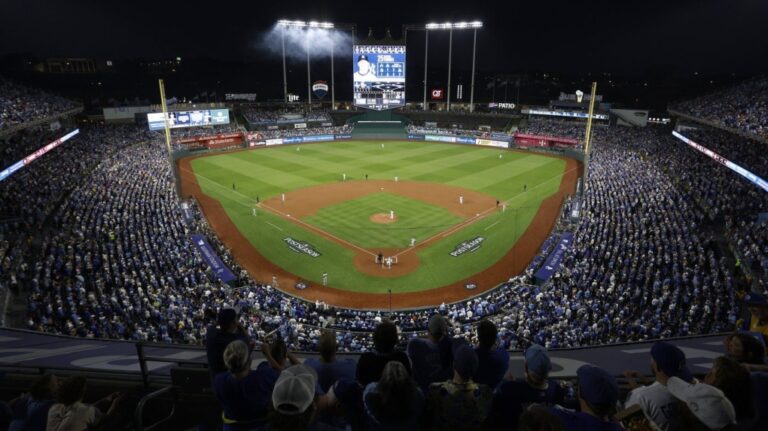 The New York Yankees and Kansas City Royals play in Game 4 of an American League Division baseball playoff series as seen in this general view of Kauffman Stadium Thursday, Oct. 10, 2024, in Kansas City, Mo. (AP Photo/Colin Braley)