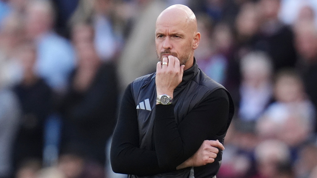 Manchester United manager Erik ten Hag on the touchline during the English Premier League soccer match between West Ham United and Manchester United at the London Stadium in London, Sunday, Oct. 27, 2024. (John Walton/PA via AP)
