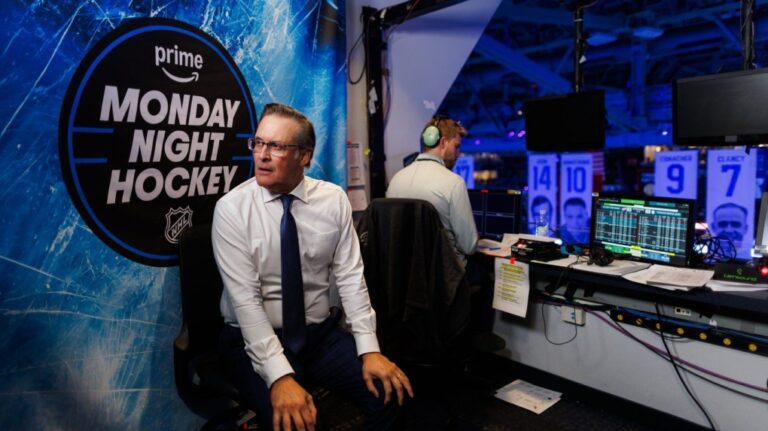 Hockey announcer John Forslund takes a break as Amazon rehearses their production of Monday Night Hockey, at Scotiabank Arena in Toronto, Saturday, October 5, 2024. THE CANADIAN PRESS/Cole Burston