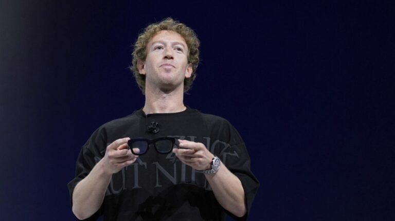Mark Zuckerberg holds a pair of Orion AR glasses during the Meta Connect conferenceSept. 25, 2024, in Menlo Park, Calif. (Godofredo A. Vásquez / The Associated Press)