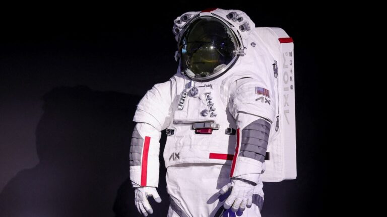 Prada and Axiom Space presented the "Axiom Extravehicular Mobility Unit" spacesuit designed and developed for the Artemis III lunar mission, at the International Astronautical Congress in Milan, Italy. (Claudia Greco/Reuters via CNN Newsource)