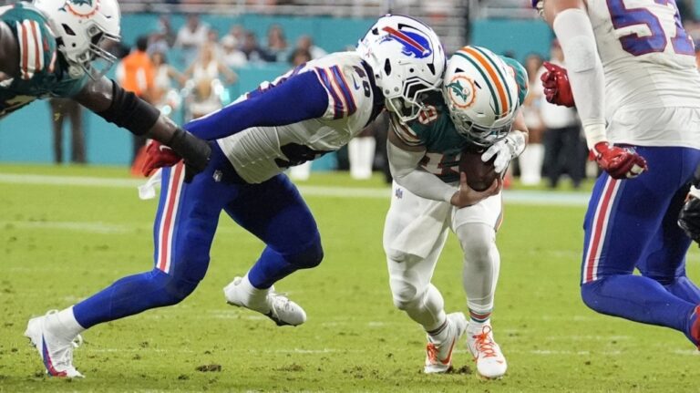 Buffalo Bills linebacker Von Miller (40) sacks Miami Dolphins quarterback Skylar Thompson (19) during the second half of an NFL football game, Thursday, Sept. 12, 2024, in Miami Gardens, Fla. (AP Photo/Rebecca Blackwell)