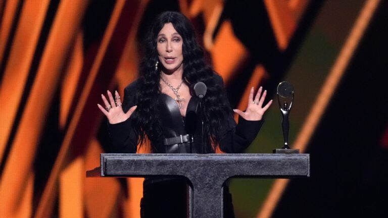 Cher speaks during the 39th Annual Rock & Roll Hall of Fame Induction Ceremony on Saturday, Oct. 19, 2024, at Rocket Mortgage FieldHouse in Cleveland. (AP / Chris Pizzello)