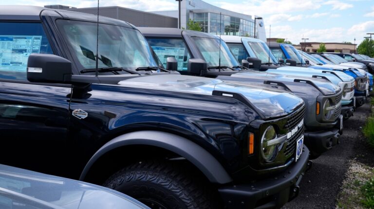 Ford Bronco SUVs are shown in a dealership lot in Salem, N.H., on May 29, 2024. (Charles Krupa / AP Photo)