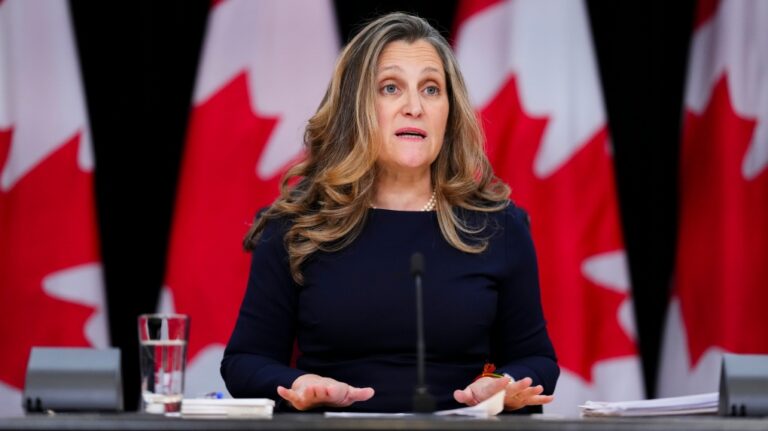 Deputy Prime Minister and Minister of Finance Chrystia Freeland holds a press conference at the National Press Theatre in Ottawa on November 25, 2024. THE CANADIAN PRESS/Sean Kilpatrick