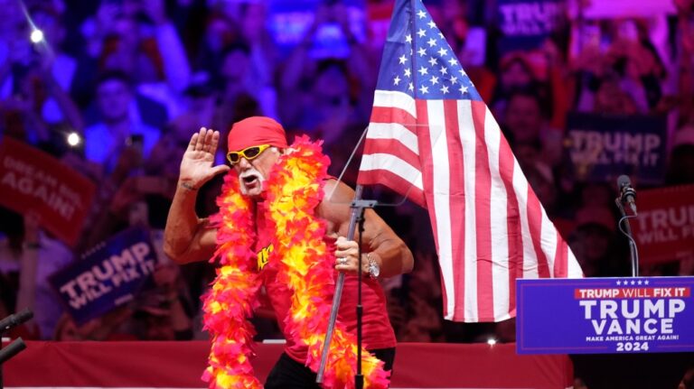 Hulk Hogan stands on stage before Republican presidential nominee former President Donald Trump at a campaign rally at Madison Square Garden, Sunday, Oct. 27, 2024, in New York. (AP Photo/Evan Vucci)