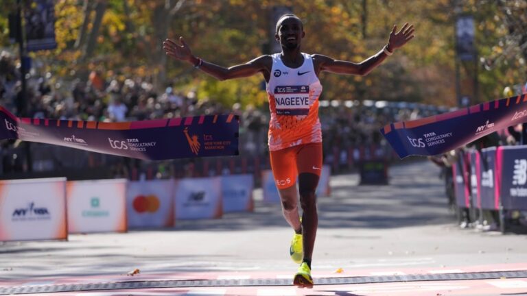 Abdi Nageeye, of the Netherlands, crosses the finish line to win the men's race. (Frank Franklin II/AP via CNN Newsource)