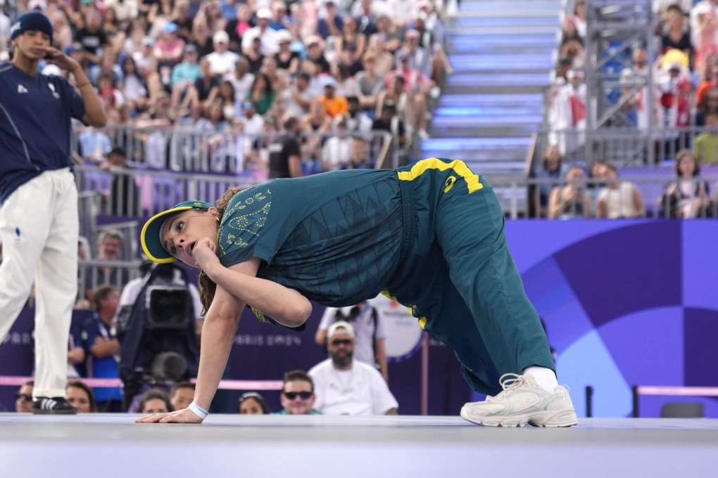 Australia's Rachael Gunn, known as B-Girl Raygun, competes during the Round Robin Battle at the breaking competition at the 2024 Summer Olympics, Aug. 9, 2024, in Paris, France. (AP Photo/Frank Franklin)