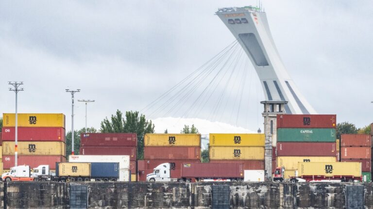 Trucks carrying shipping containers drive through the Port of Montreal, Tuesday, Sept.19, 2023. THE CANADIAN PRESS/Christinne Muschi