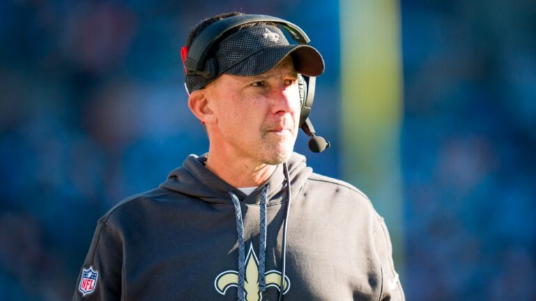 New Orleans Saints head coach Dennis Allen watches a touchdown celebration during an NFL football game against the Carolina Panthers, Nov. 3, 2024, in Charlotte, N.C. (AP Photo/Rusty Jones)