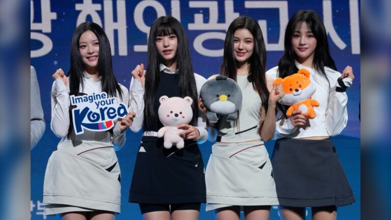 Members of K-pop group NewJeans pose during the Korea Tourism Honorary Ambassador Appointment Ceremony in Seoul, South Korea, Thursday, July 11, 2024. (AP Photo/Ahn Young-joon)
