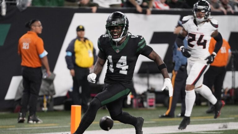New York Jets wide receiver Malachi Corley (14) during the NFL football game against the Houston Texans, Thursday, Oct. 31, 2024, in East Rutherford, N.J. (AP Photo/Frank Franklin II)