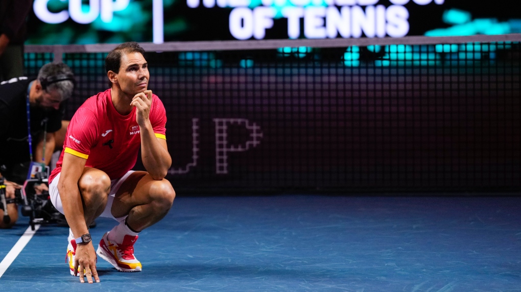 Spain's Rafael Nadal during a tribute after playing his last match as a professional tennis player in the Davis Cup quarterfinals at the Martin Carpena Sports Hall in Malaga, southern Spain, on early Wednesday, Nov. 20, 2024. (AP Photo/Manu Fernandez)