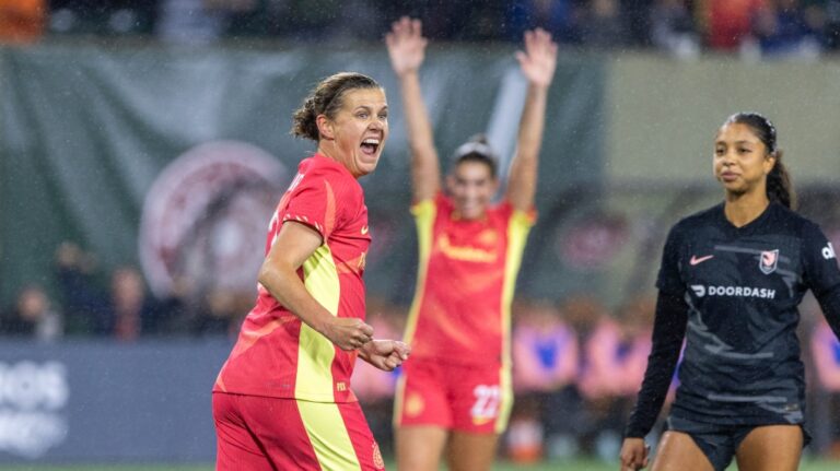 Portland Thorns forward Christine Sinclair celebrates after her goal during the first half of an NWSL soccer match against Angel City FC at Providence Park on Friday Nov. 1, 2024 in Portland, Ore. (Sean Meagher/The Oregonian via AP)