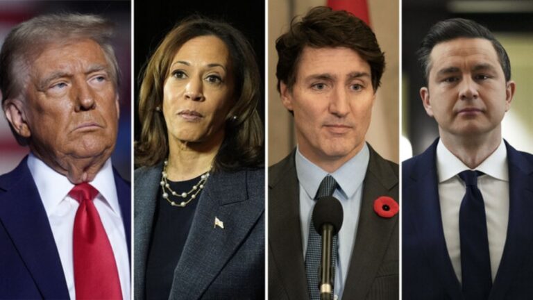 Donald Trump, Kamala Harris, Justin Trudeau and Pierre Poilievre.