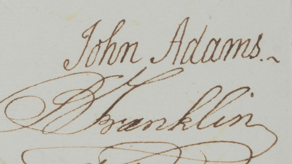 The signatures of John Adams, Benjamin Franklin and Thomas Jefferson as seen on the letter. (Bonhams via CNN Newsource)