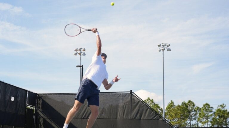 Tennis player Jenson Brooksby practices at the USTA national campus Tuesday, Dec. 10, 2024, in Orlando, Fla. (AP Photo/John Raoux)