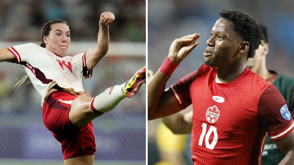Canada's Vanessa Gilles (left) and Jonathan David are seen in this combination of photos from July 2024. THE CANADIAN PRESS/AP/Julio Cortez, Nell Redmond.