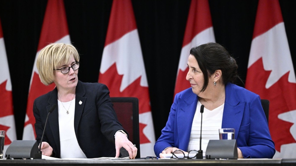 Justice Lise Maisonneuve, who will lead the Future of Sport in Canada Commission, participates in a news conference with Minister of Sport and Physical Activity Carla Qualtrough, in Ottawa, on May 9, 2024. (THE CANADIAN PRESS/Justin Tang)