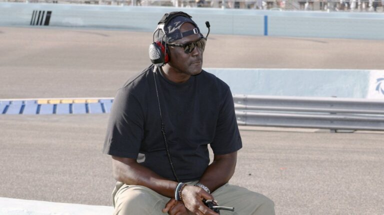 Michael Jordan watches from the pits during a NASCAR Cup Series auto race at Homestead-Miami Speedway in Homestead, Fla., Oct. 27, 2024.