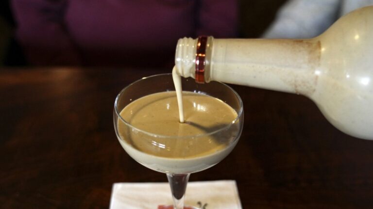 A glass of eggnog, which is prepared 11 months in advance, is shown at Scoma's Restaurant in San Francisco on Tuesday, Dec.10, 2024. (AP Photo/Terry Chea)