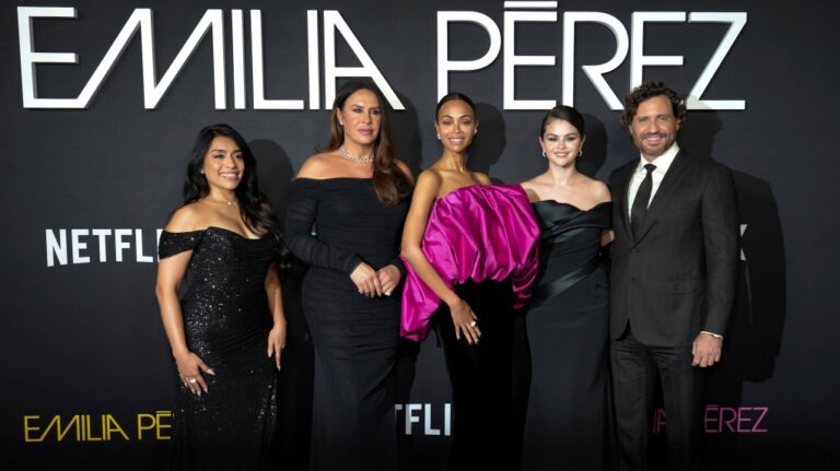 Adriana Paz, from left, Karla Sofia Gascon, Zoe Saldana, Selena Gomez and Edgar Ramirez arrive at the premiere of "Emilia Perez," Oct. 21, 2024, at The Egyptian Theatre in Los Angeles. (Photo by Jordan Strauss/Invision/AP)