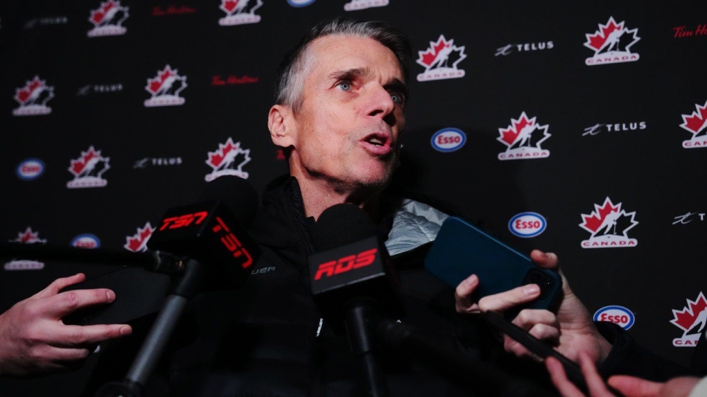 Team Canada head coach Dave Cameron speaks to the media following the first day of the Canadian World Junior Hockey Championships selection camp in Ottawa on Tuesday, Dec. 10, 2024. THE CANADIAN PRESS/Sean Kilpatrick