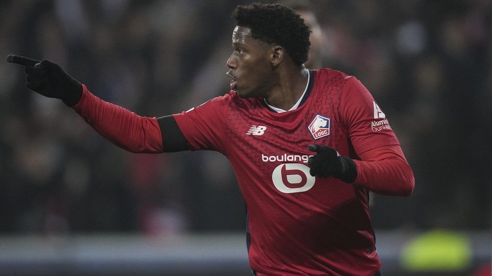 Lille's Jonathan David celebrates after scoring the opening goal during the Champions League opening phase soccer match between Lille and Juventus at the Stade Pierre Mauroy in Villeneuve-d'Ascq, outside Lille, France, Tuesday, Nov. 5, 2024. (Christophe Ena/The Canadian Press)