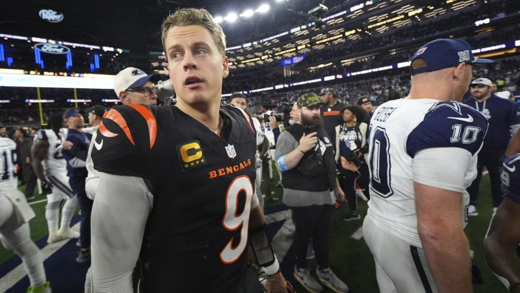 Cincinnati Bengals quarterback Joe Burrow turns after greeting Dallas Cowboys quarterback Cooper Rush after an NFL football game, Monday, Dec. 9, 2024, in Arlington, Texas. (AP Photo/Julio Cortez)