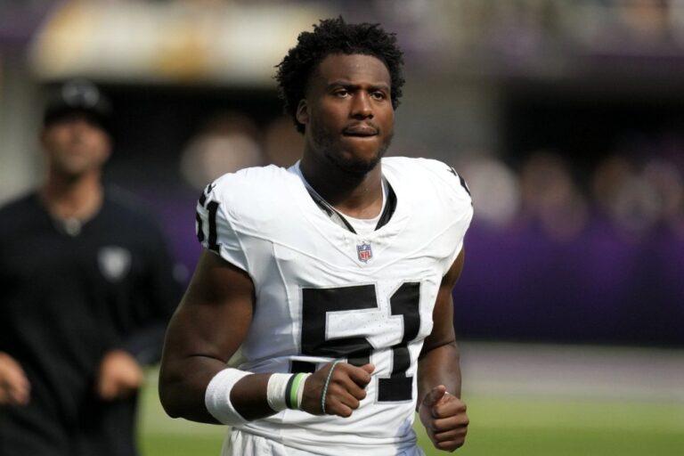 Las Vegas Raiders defensive end Malcolm Koonce (51) runs off the field at halftime of an NFL preseason football game against the Minnesota Vikings, Aug. 10, 2024, in Minneapolis. (Charlie Neibergall / The Associated Press, File)