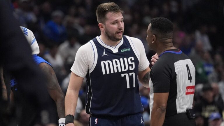 Dallas Mavericks guard Luka Doncic questions a call by referee Sean Wright during a game against the Portland Trail Blazers, Monday, Dec. 23, 2024, in Dallas. (AP Photo/LM Otero)