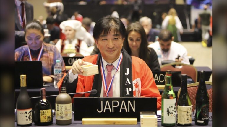 Japan's Takehiro Kano, ambassador to UNESCO, reacts the traditional Japanese brewing of sake was named Intangible Cultural Heritage during a UNESCO World Heritage Convention in Asuncion, Paraguay, Wednesday, Dec. 4, 2024. (AP Photo/Marta Escurra)