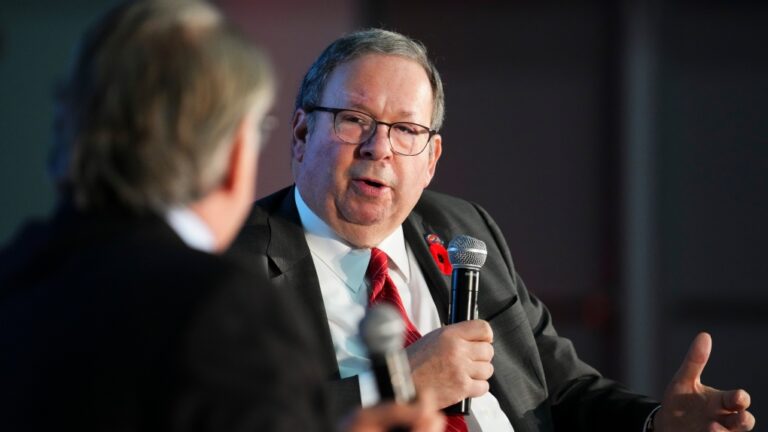 U.S. Ambassador to Canada David Cohen takes part in an armchair discussion with president and CEO at Canadian Manufacturers and Exporters Dennis Darby during the 2023 National Manufacturing Conference in Ottawa, Nov. 7, 2023. THE CANADIAN PRESS/Sean Kilpatrick