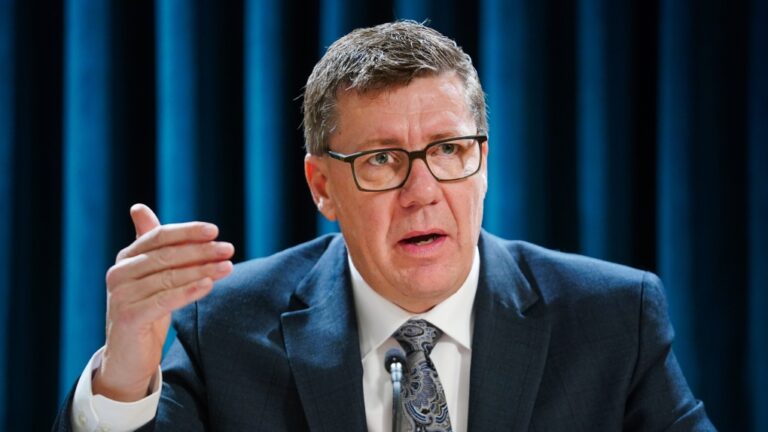 Saskatchewan Premier Scott Moe gestures while speaking during a press conference before the speech from the throne in Regina, Nov. 25, 2024. THE CANADIAN PRESS/Heywood Yu