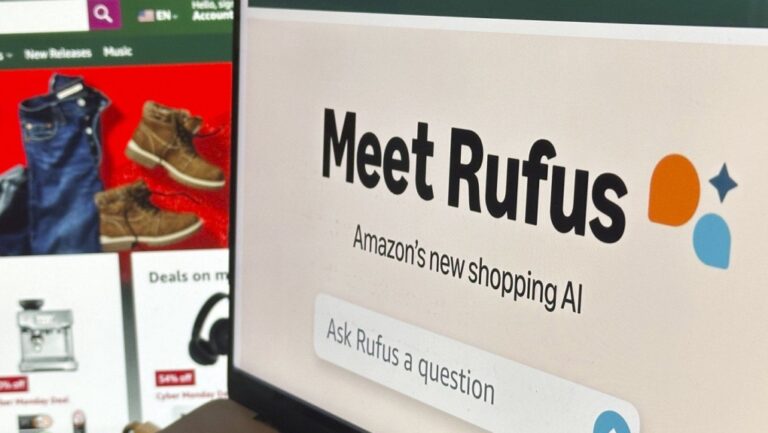 Amazon's generative AI-powered shopping assistant, known as Rufus, appears on a computer monitor. (AP Photo/Peter Morgan)