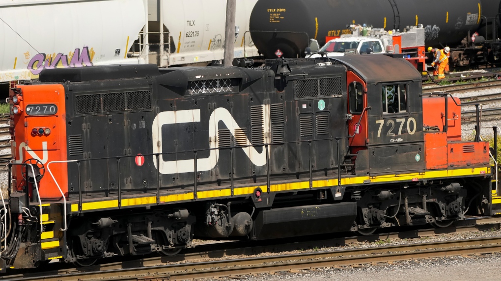 CN rail trains are shown at the CN MacMillan Yard in Vaughan, Ont., on Monday, June 20, 2022. (Nathan Denette/The Canadian Press)