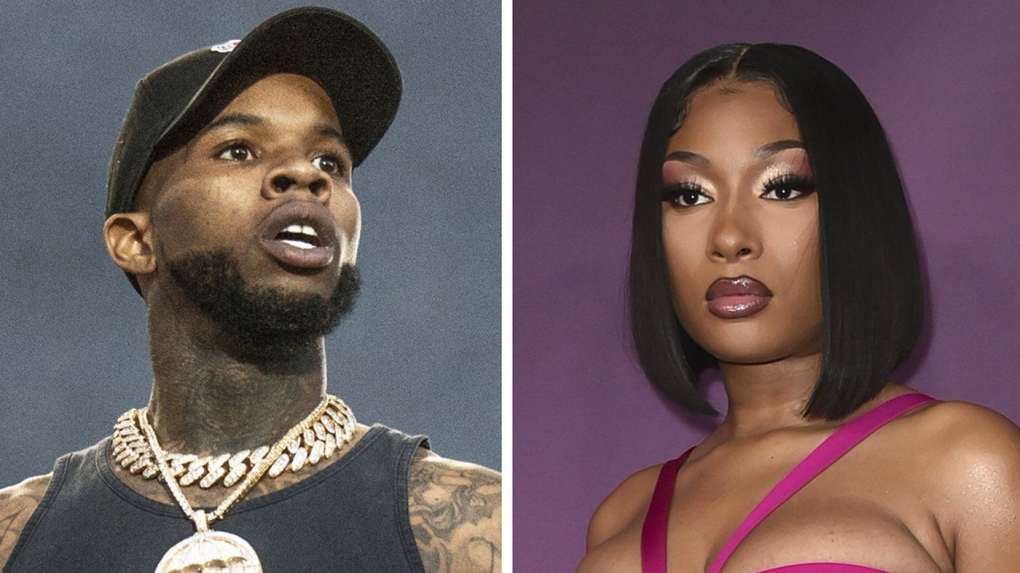 This combo image shows Tory Lanez performing at the Festival d'ete de Quebec, July 11, 2018, in Quebec City, Canada, left, and Megan Thee Stallion at the premiere of "P-Valley," June 2, 2022, in Los Angeles. (Photos by Amy Harris, left, Richard Shotwell/Invision/AP, File)