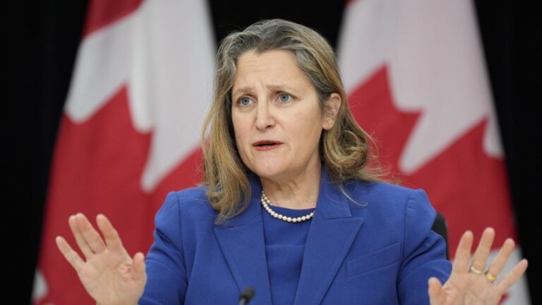Finance Minister Chrystia Freeland speaks with reporters in Ottawa, Tuesday, Dec. 10, 2024. THE CANADIAN PRESS/Adrian Wyld
