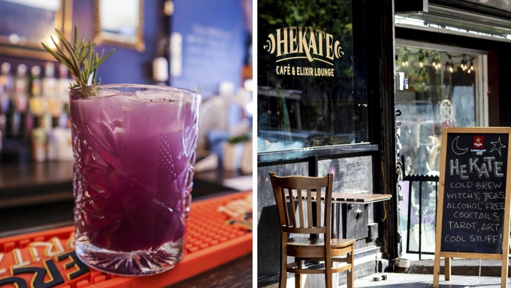 This combination of photos released by Hekate Cafe & Elixir Lounge in New York shows their classic mocktail called The Healer, left, and an exterior view of the cafe and lounge. (Melissa Ulto/Hekate Cafe & Elixir Lounge via AP)