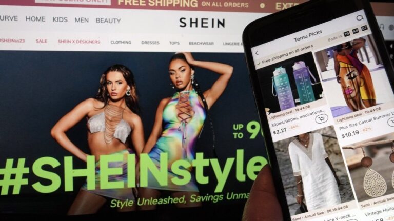 Pages from the Shein website, left, and from the Temu site, right, are shown in this photo, in New York, June 23, 2023. (AP Photo/Richard Drew, File)