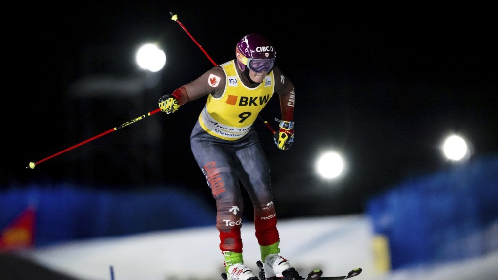 Marielle Thompson of Canada in action during the women's qualification run of the FIS Ski Cross World Cup, in Arosa, Switzerland, Monday, Dec. 16, 2024. THE CANADIAN PRESS/AP-Keystone, Jean-Christophe Bott