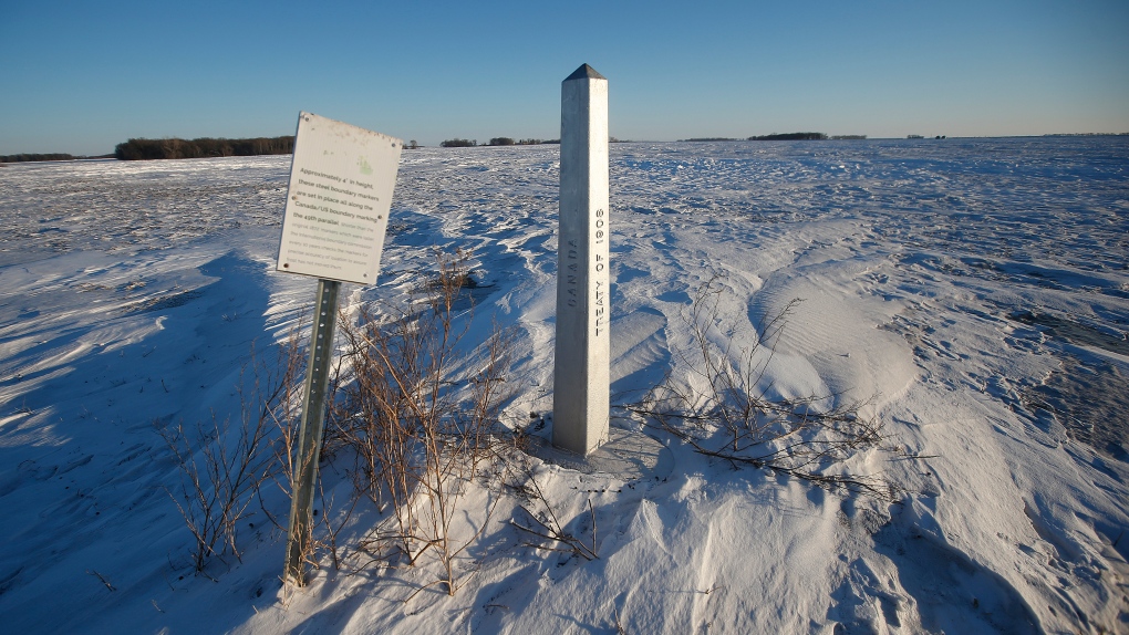 A border marker is shown just outside of Emerson, Man. on Thursday, Jan. 20, 2022. THE CANADIAN PRESS/John Woods