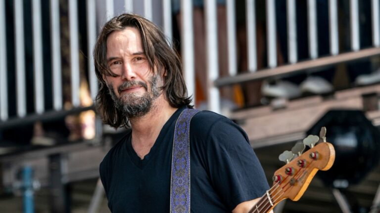 Keanu Reeves performs at the BottleRock Napa Valley Music Festival on Saturday, May 27, 2023 in Napa, Calif. (Photo by Amy Harris/Invision/AP)