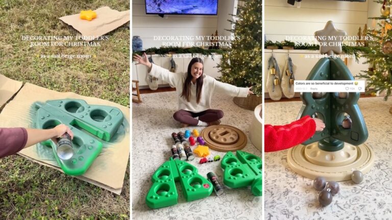 Nattie Powell was called a 'beige mom' for painting a Christmas tree toy using neutral colours. (Nattie Powell/@nattiejopo via CNN Newsource)