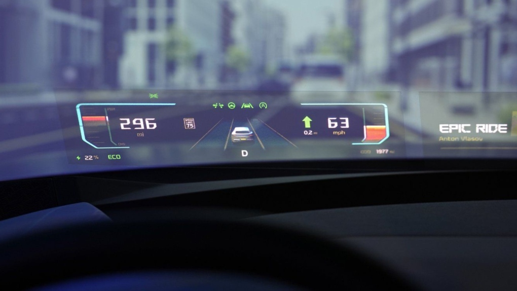 A holographic windshield display is projected on the windshield of a car at the Hyundai Mobis booth during the CES tech show Tuesday, Jan. 7, 2025, in Las Vegas. (AP Photo/John Locher)