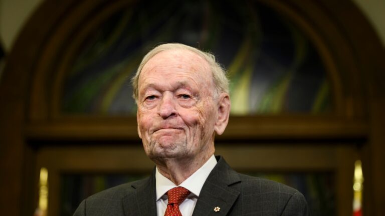 Former prime minister Jean Chretien in the foyer of the House of Commons on Parliament Hill in Ottawa, Feb. 29, 2024. THE CANADIAN PRESS/Justin Tang