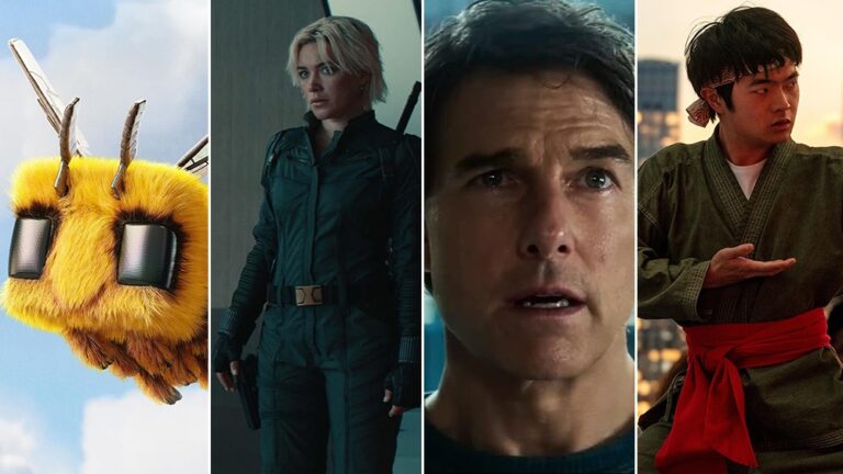 From left: a promotional still from 'A Minecraft Movie' (Warner Bros.); Florence Pugh in 'Thunderbolts*' (Marvel Studios); Tom Cruise in 'Mission: Impossible - The Final Reckoning' (Paramount); and Ben Wang in 'Karate Kid: Legends' (Columbia Pictures)