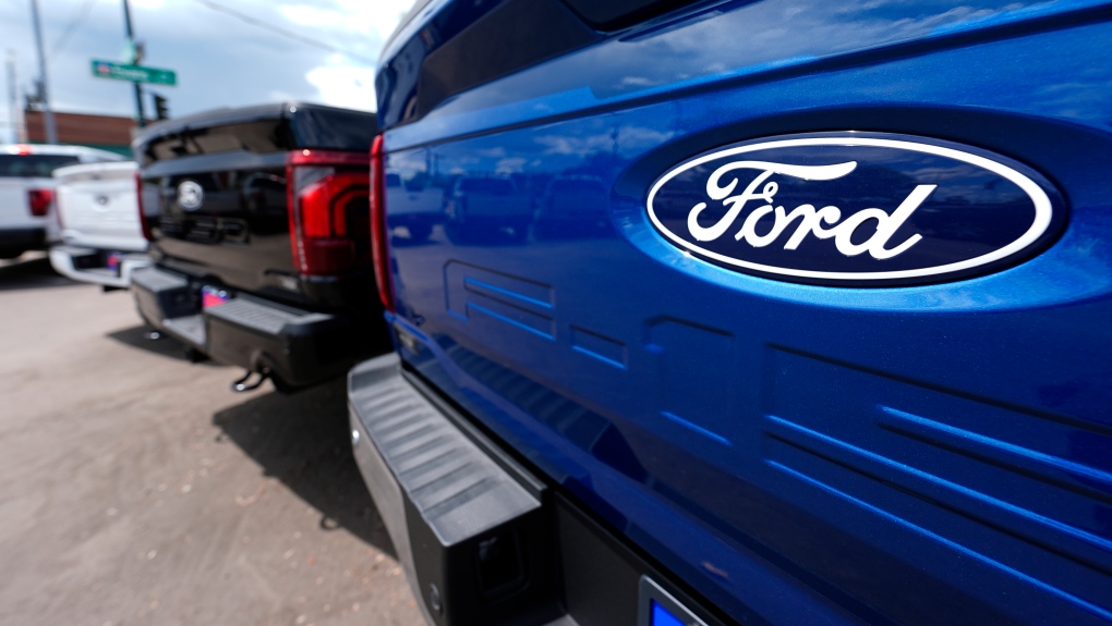A line of unsold 2024 F150 pickup trucks sit at a Ford dealership Sunday, May 19, 2024, in Denver. (AP Photo/David Zalubowski)