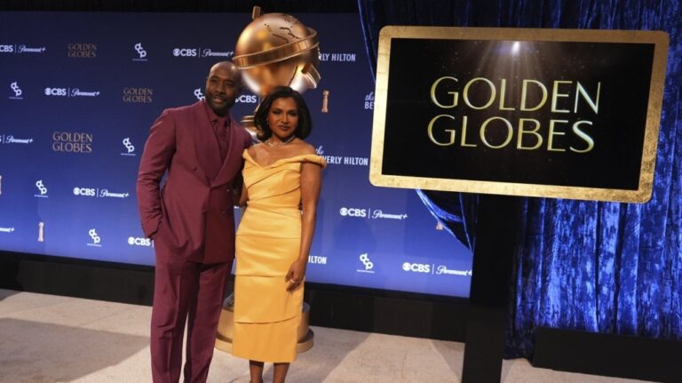 Morris Chestnut and Mindy Kaling appear following the nominations announcement for the 82nd Golden Globes on Monday, Dec. 9, 2024 (AP Photo/Chris Pizzello)